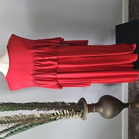 Watermelon Rust Color Cold Shoulder Dress with Ruffle - Picture 4 of 12